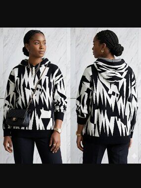 Nikita Geometric Abstract Print Oversized Knit Black White Cotton Hoodie SZ XS